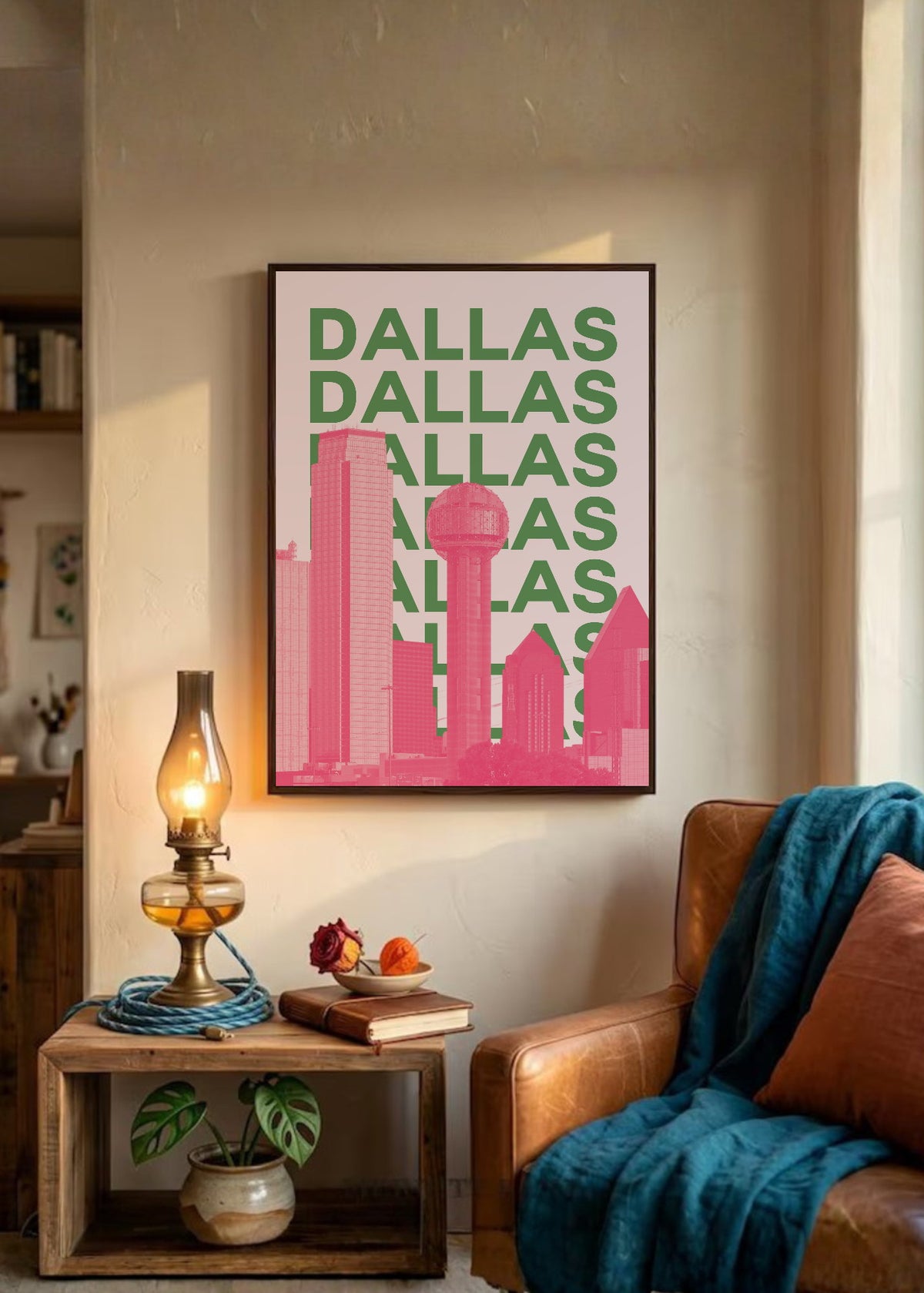 Cuadro Decorativo Travel, Dallas, USA, Skyline Verde Rosa