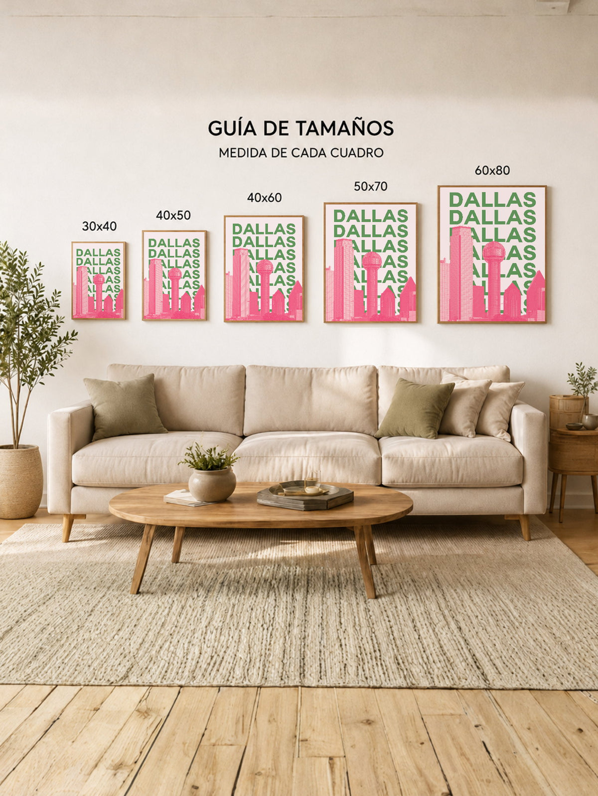 Cuadro Decorativo Travel, Dallas, USA, Skyline Verde Rosa