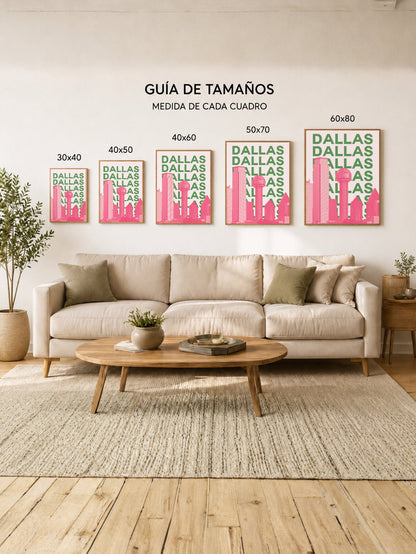 Cuadro Decorativo Travel, Dallas, USA, Skyline Verde Rosa