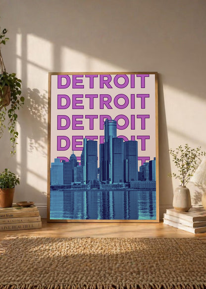 Cuadro Decorativo Travel, Detroit, USA, Skyline Violeta