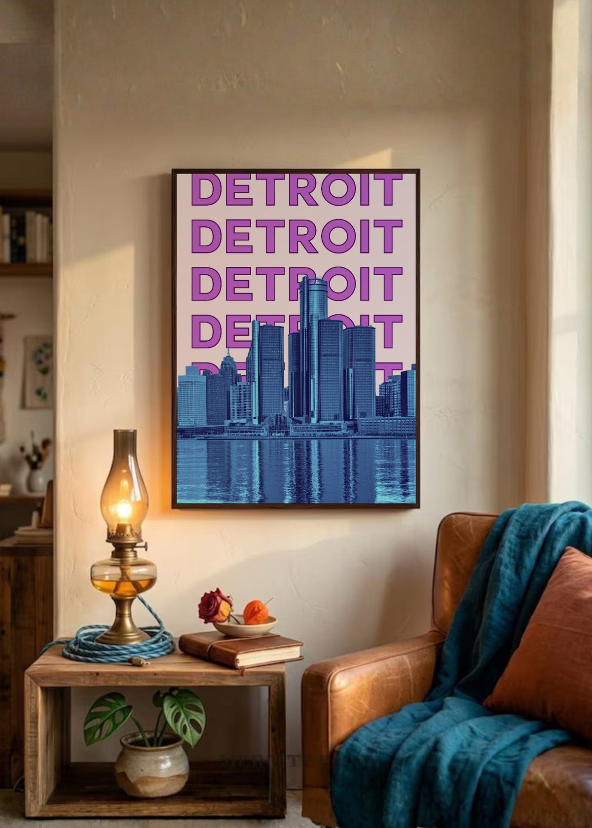 Cuadro Decorativo Travel, Detroit, USA, Skyline Violeta
