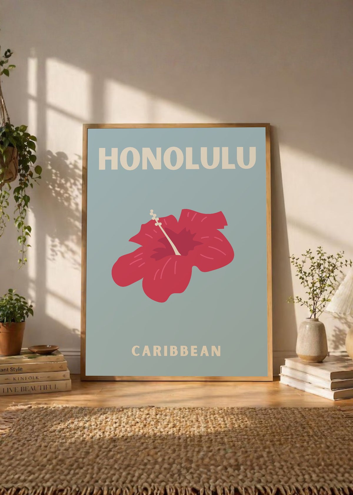 Cuadro Decorativo Travel, Honolulu, Hibisco Gris Azul