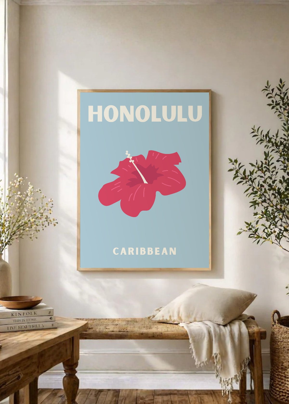 Cuadro Decorativo Travel, Honolulu, Hibisco Gris Azul