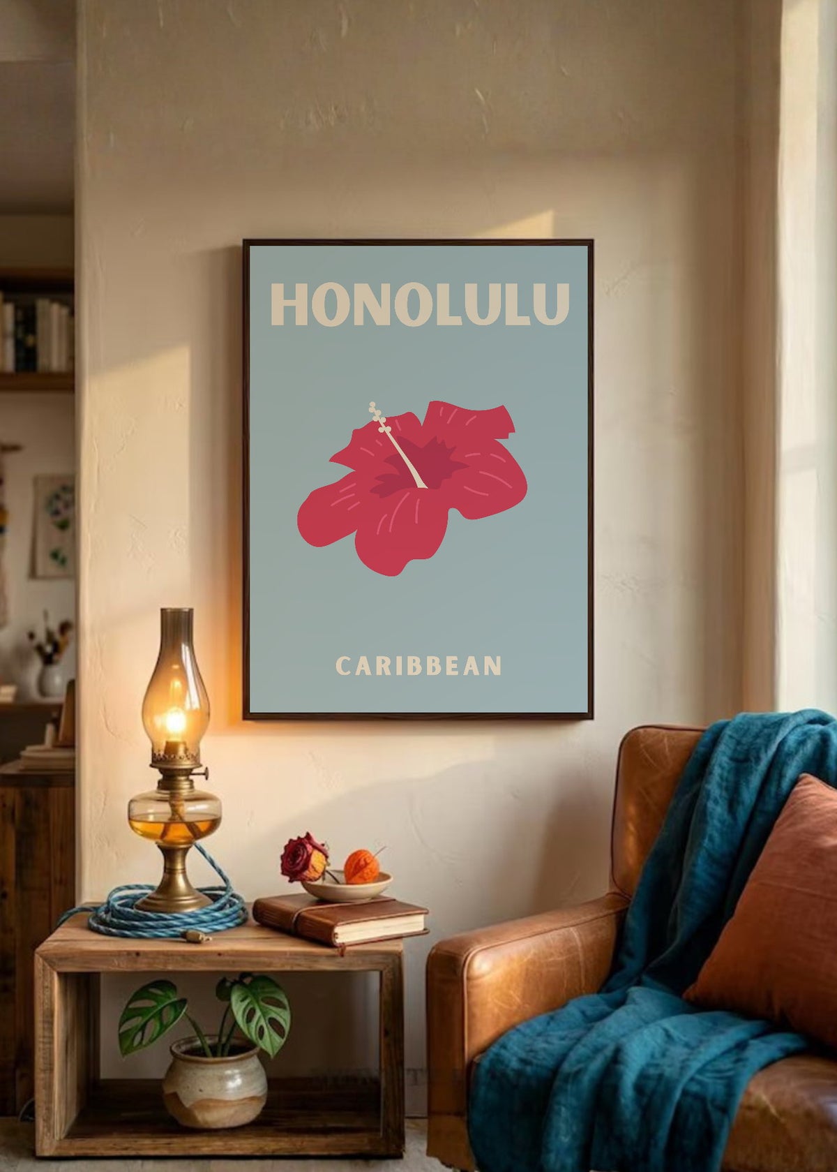 Cuadro Decorativo Travel, Honolulu, Hibisco Gris Azul