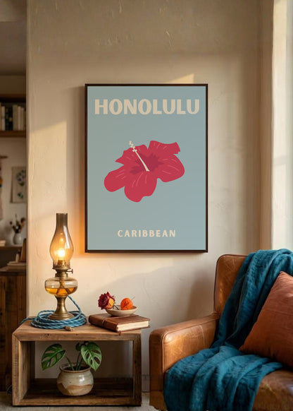 Cuadro Decorativo Travel, Honolulu, Hibisco Gris Azul