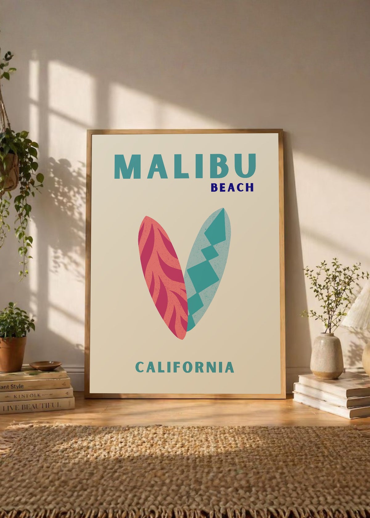 Cuadro Decorativo Travel, Malibú, California, Tablas Surf Crema