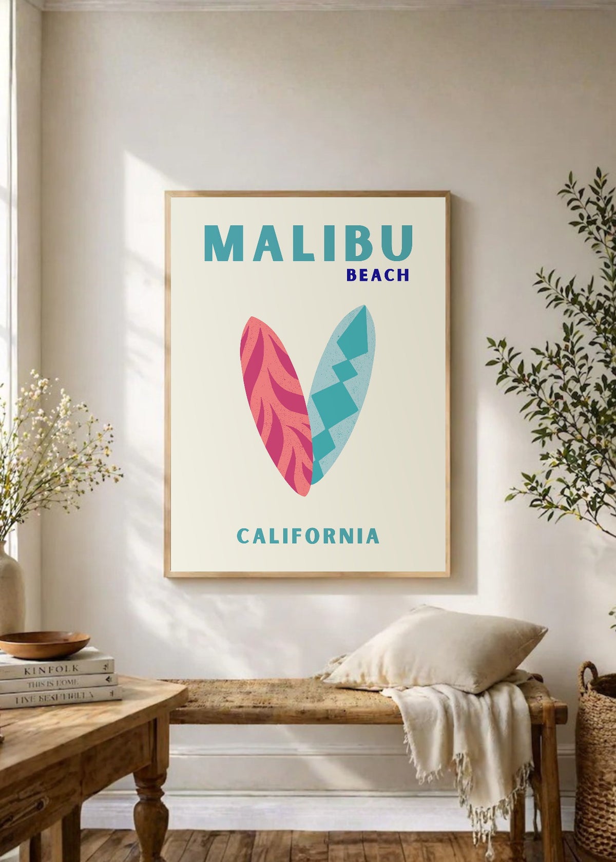 Cuadro Decorativo Travel, Malibú, California, Tablas Surf Crema