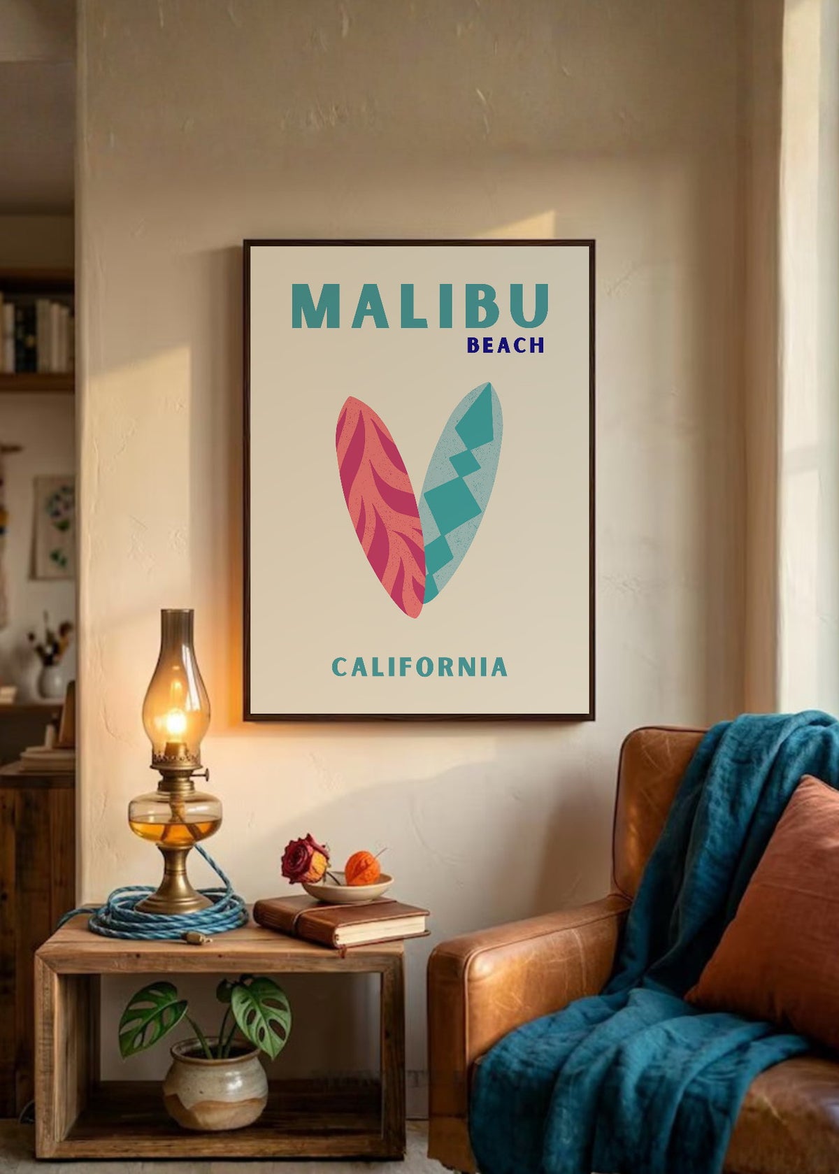 Cuadro Decorativo Travel, Malibú, California, Tablas Surf Crema
