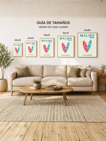 Cuadro Decorativo Travel, Malibú, California, Tablas Surf Crema