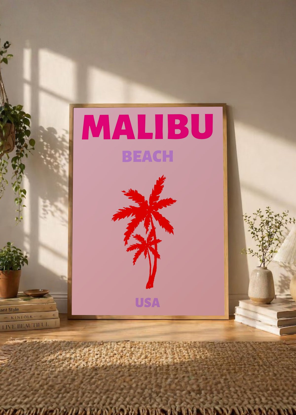 Cuadro Decorativo Travel, Malibú, USA, Palmera Roja Fucsia