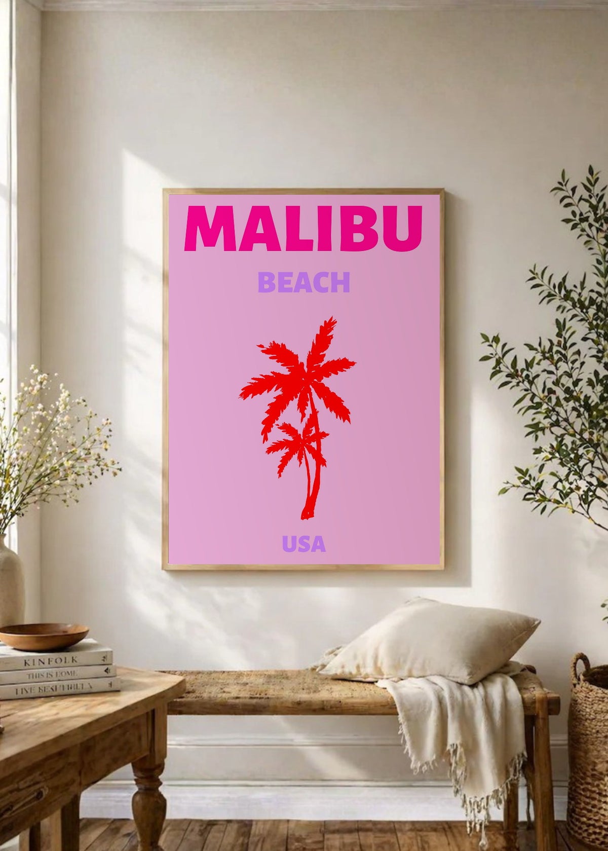 Cuadro Decorativo Travel, Malibú, USA, Palmera Roja Fucsia