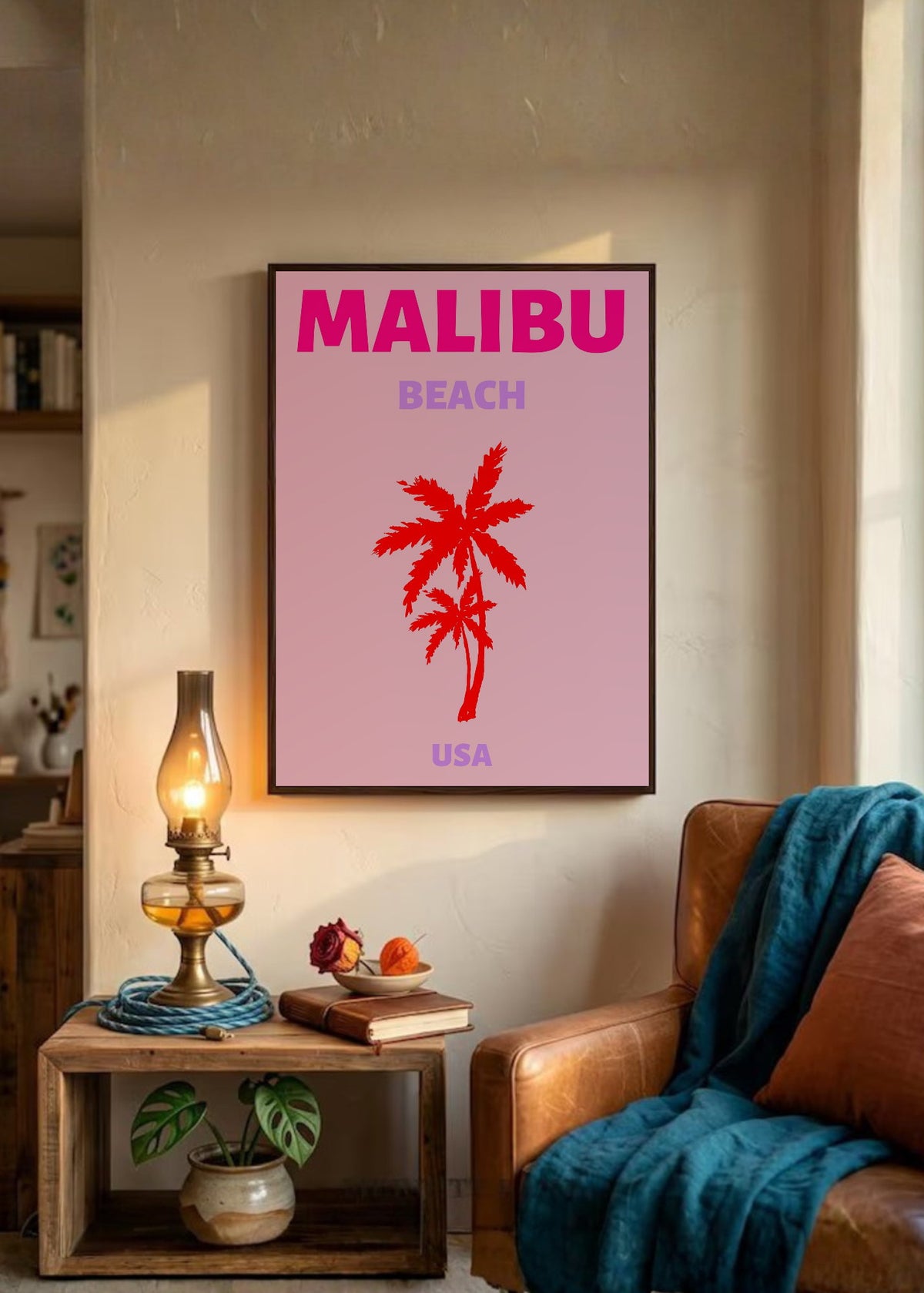 Cuadro Decorativo Travel, Malibú, USA, Palmera Roja Fucsia