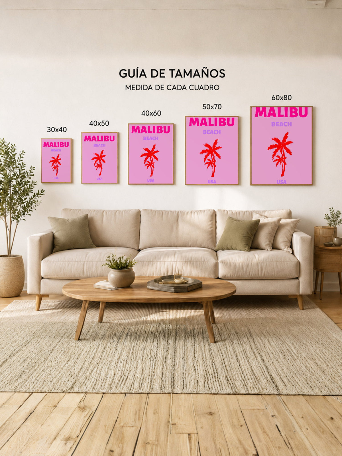 Cuadro Decorativo Travel, Malibú, USA, Palmera Roja Fucsia