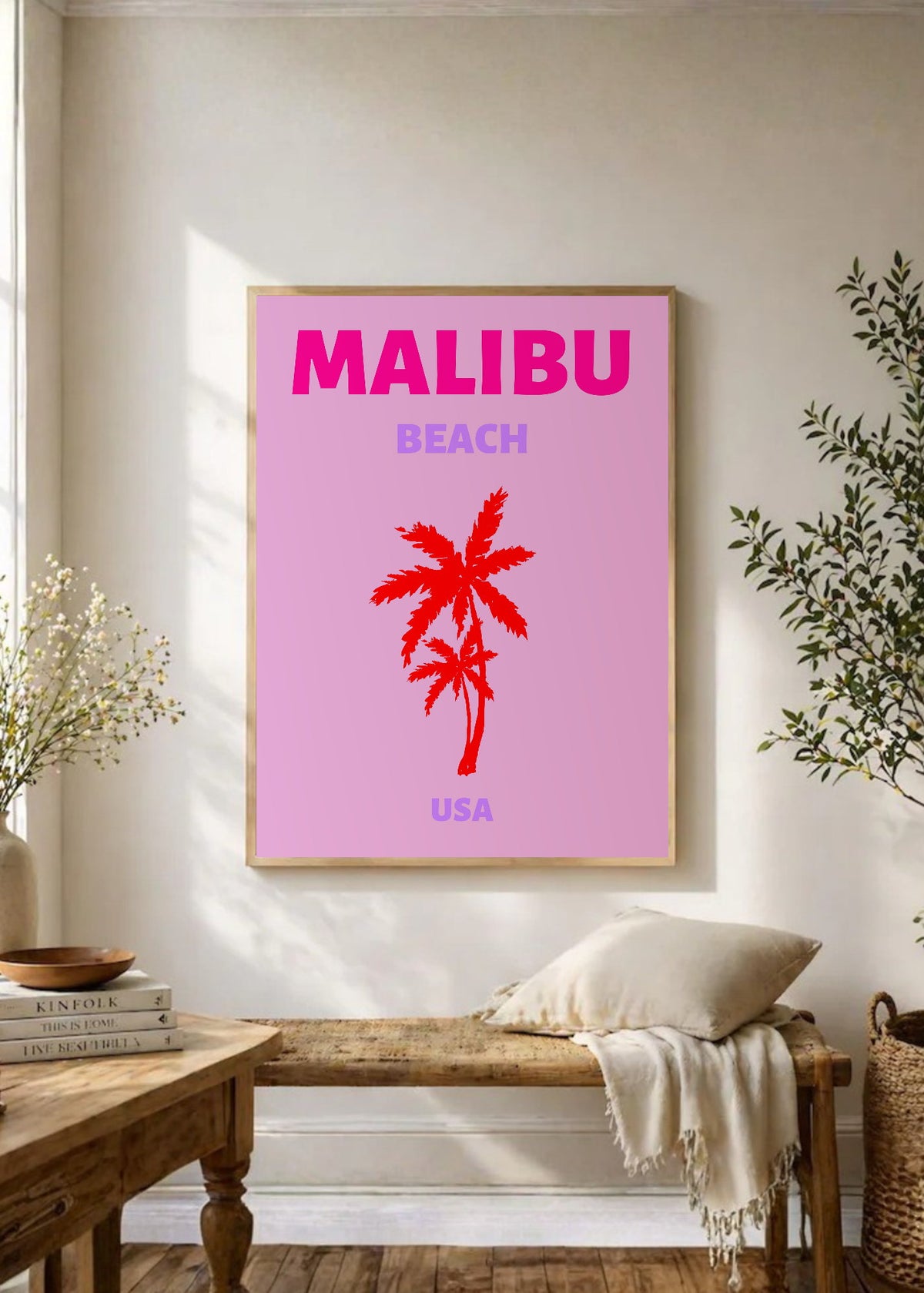 Cuadro Decorativo Travel, Malibú, USA, Palmera Roja Rosa