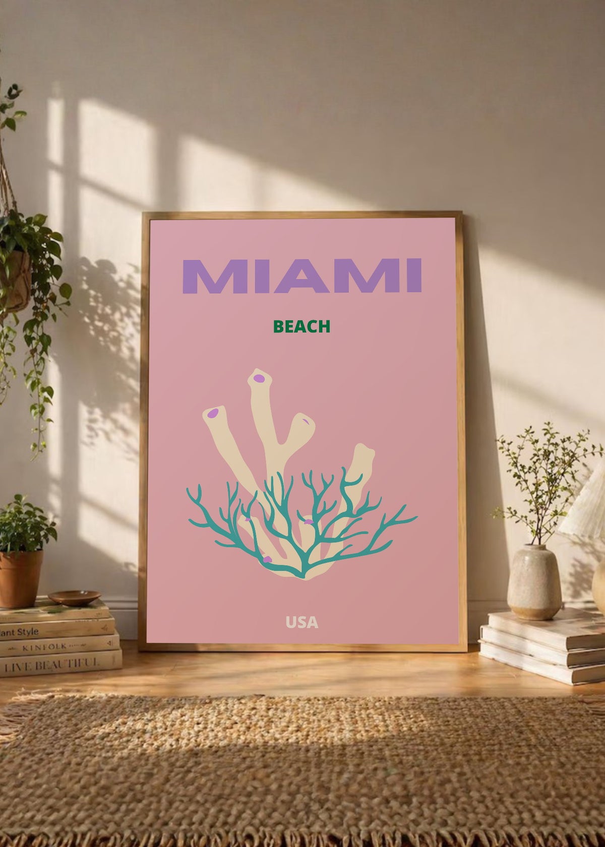 Cuadro Decorativo Travel, Miami, USA, Coral Rosa