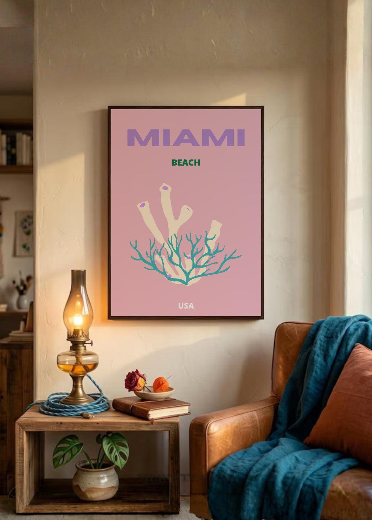 Cuadro Decorativo Travel, Miami, USA, Coral Rosa