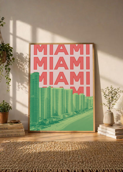 Cuadro Decorativo Travel, Miami, USA, Skyline Rosa Verde