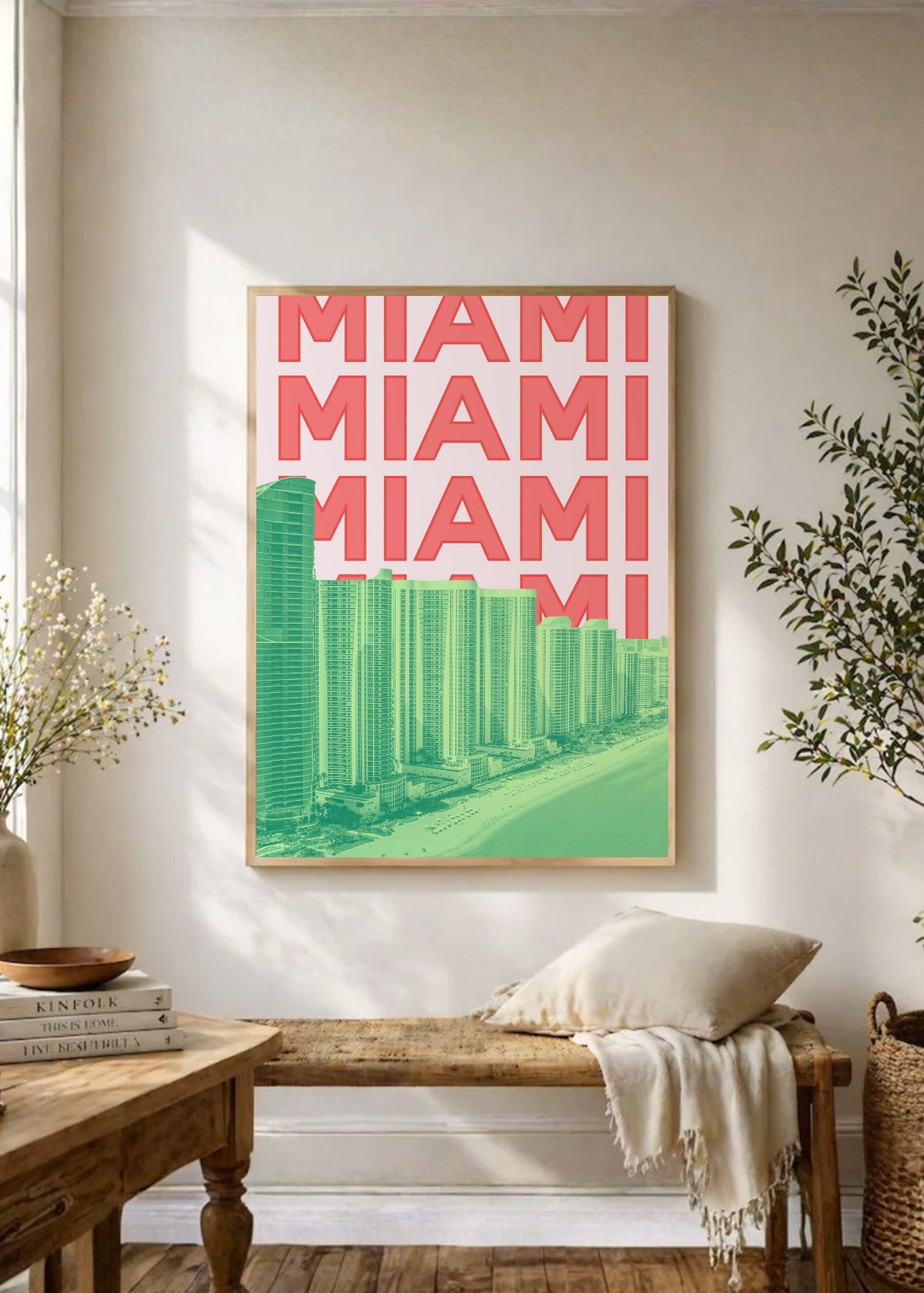 Cuadro Decorativo Travel, Miami, USA, Skyline Rosa Verde