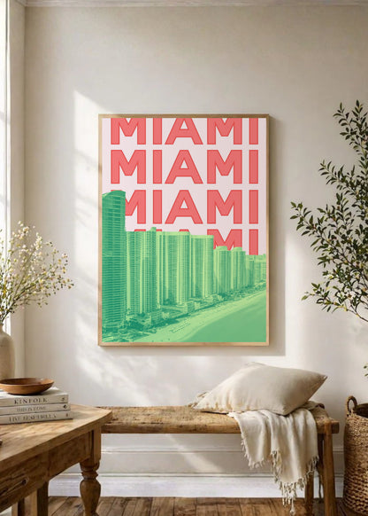 Cuadro Decorativo Travel, Miami, USA, Skyline Rosa Verde