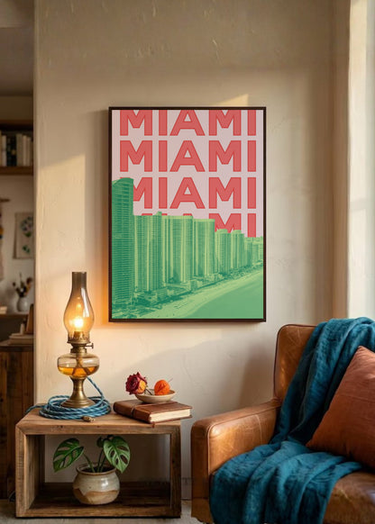 Cuadro Decorativo Travel, Miami, USA, Skyline Rosa Verde