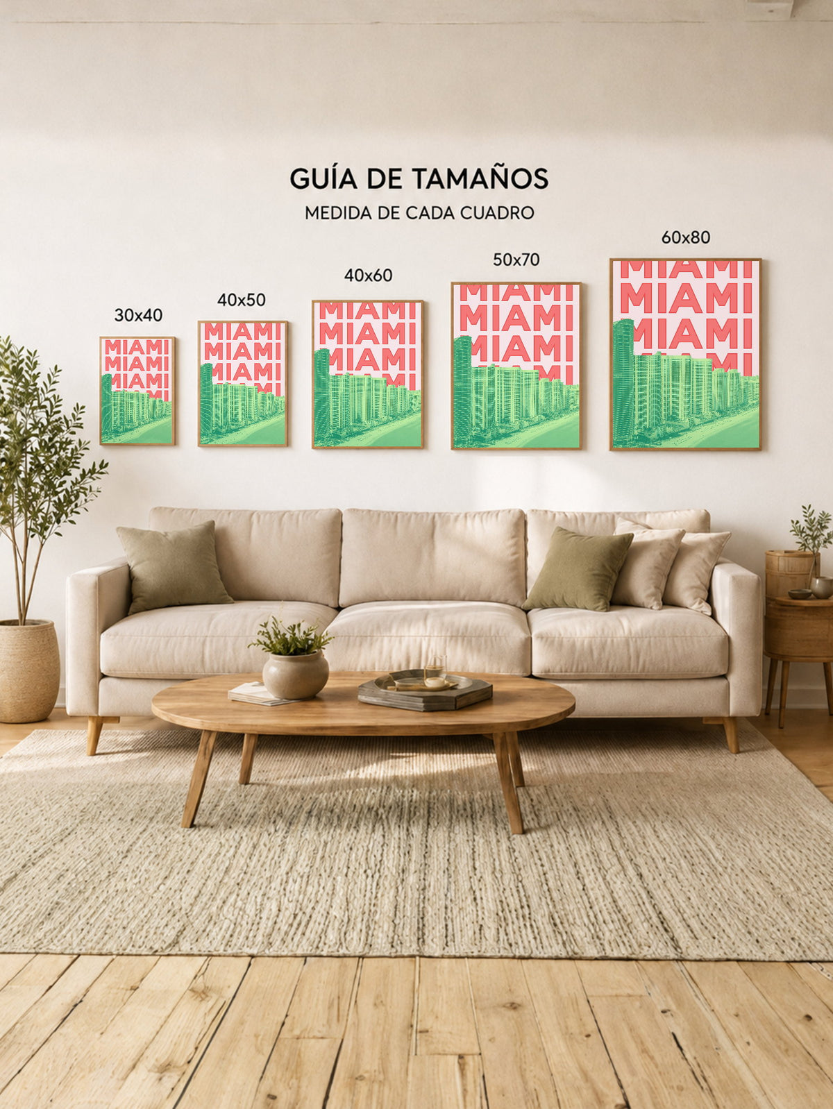 Cuadro Decorativo Travel, Miami, USA, Skyline Rosa Verde