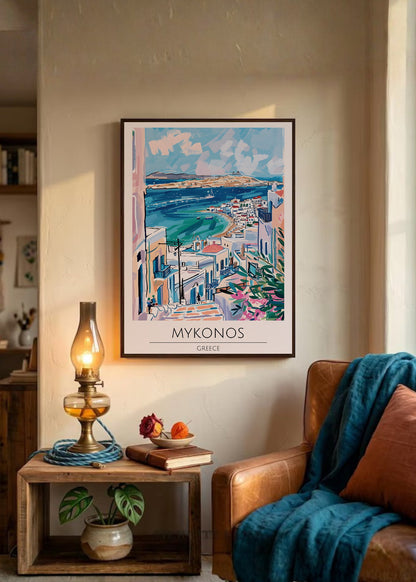 Cuadro Decorativo Travel, Mykonos, Grecia, Ilustración Costa