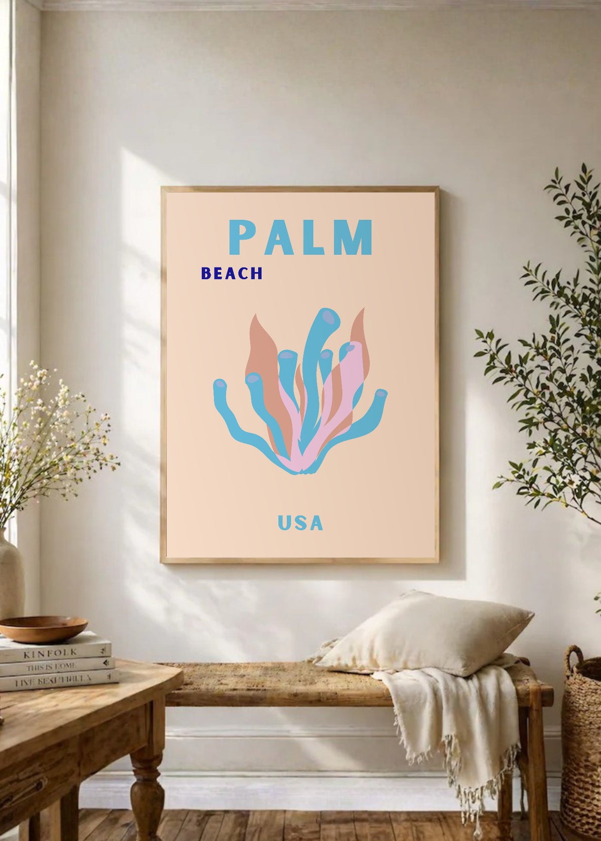 Cuadro Decorativo Travel, Palm Beach, USA, Coral Azul Rosa