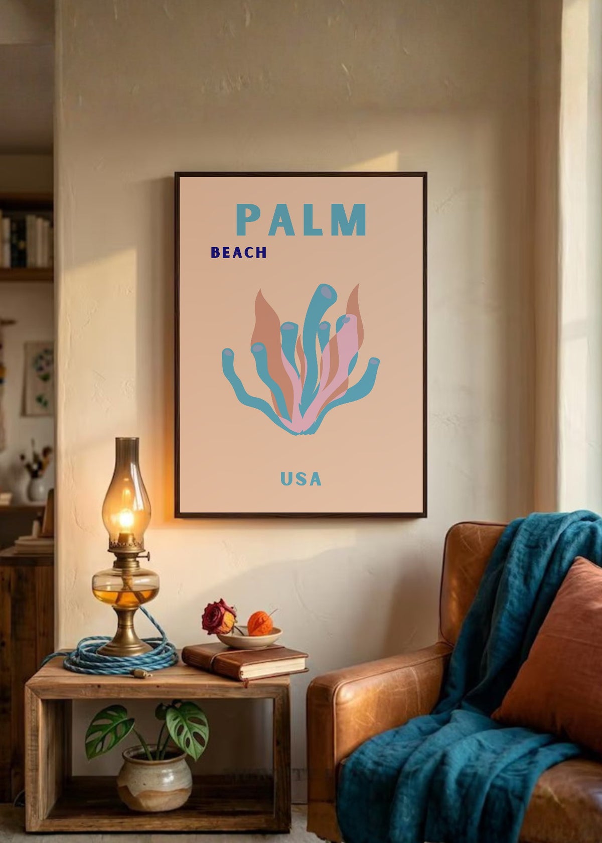 Cuadro Decorativo Travel, Palm Beach, USA, Coral Azul Rosa