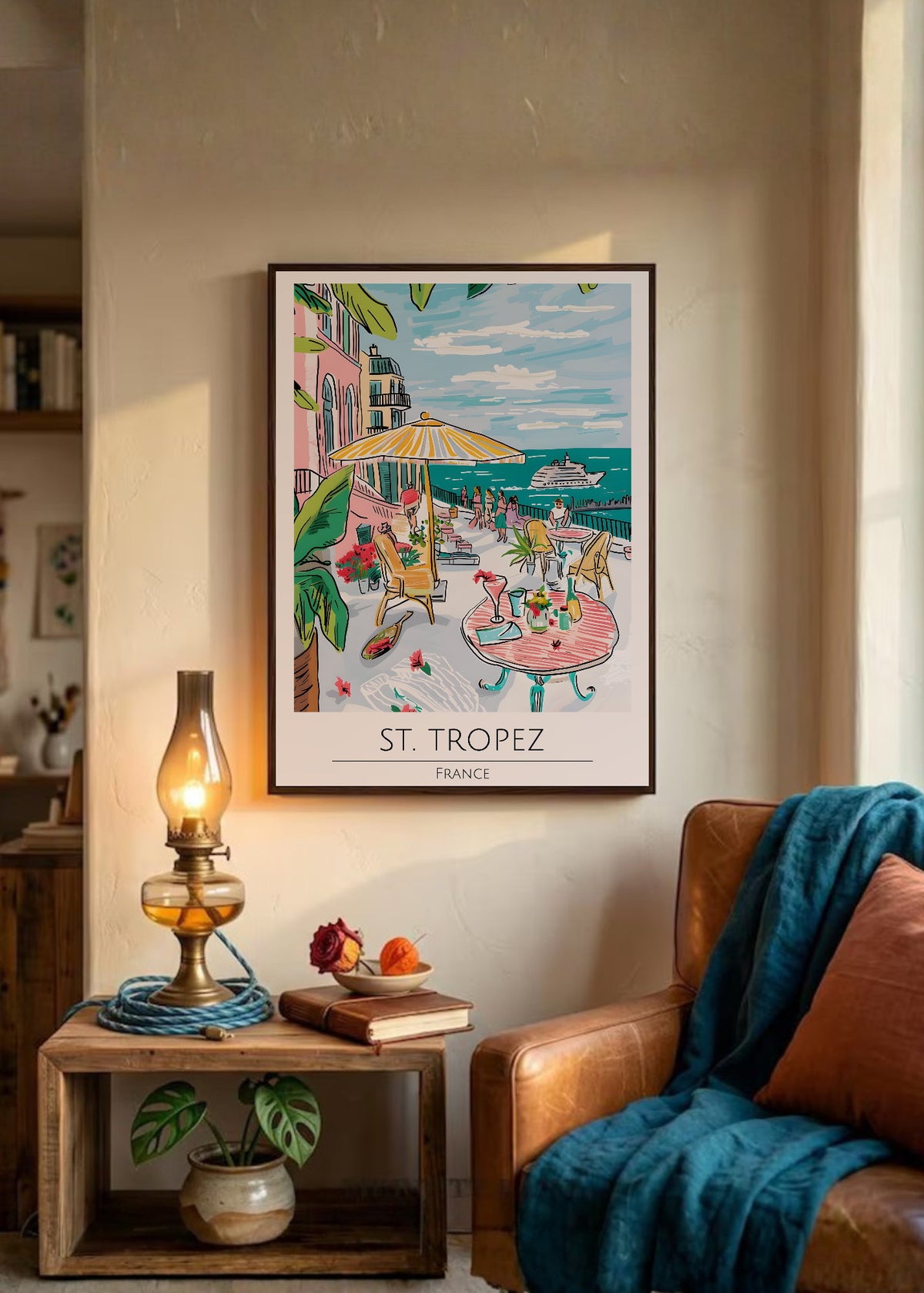 Cuadro Decorativo Travel, St. Tropez, Francia, Ilustración Café