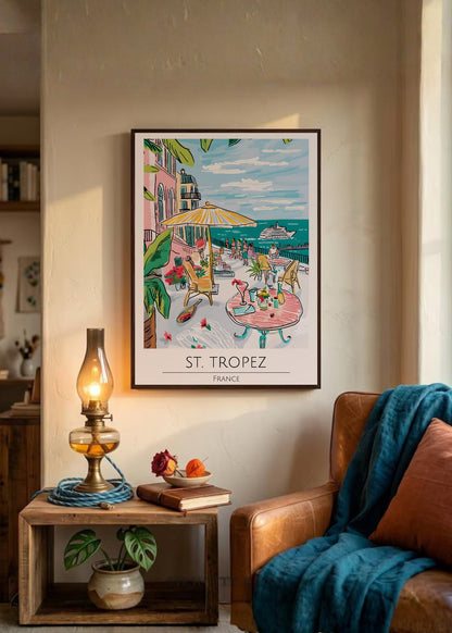 Cuadro Decorativo Travel, St. Tropez, Francia, Ilustración Café