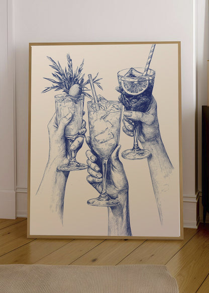 Cuadro Decorativo Trendy, Brindis Cocteles Dibujo Azul