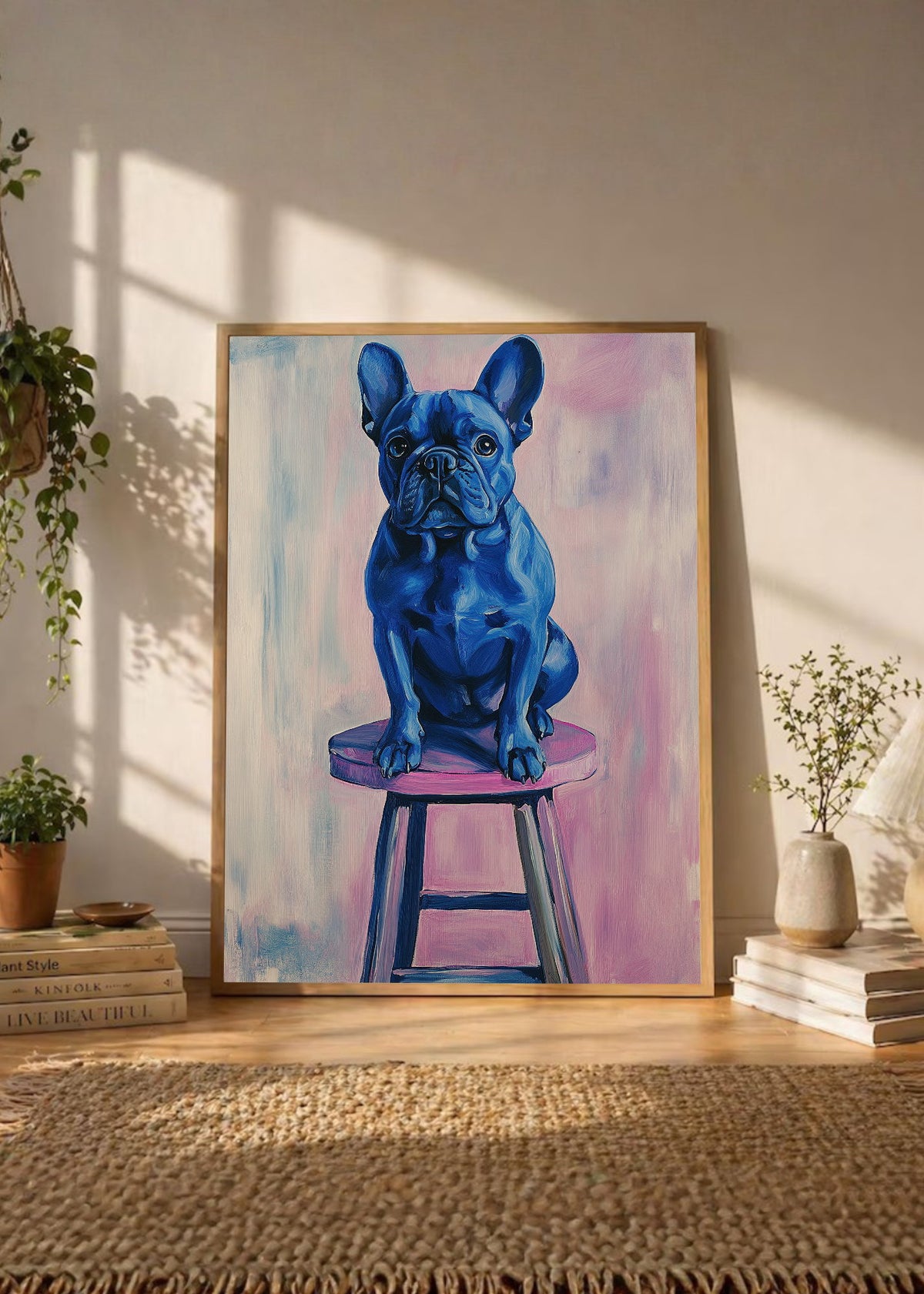 Cuadro Decorativo Trendy, Bulldog Azul Banqueta