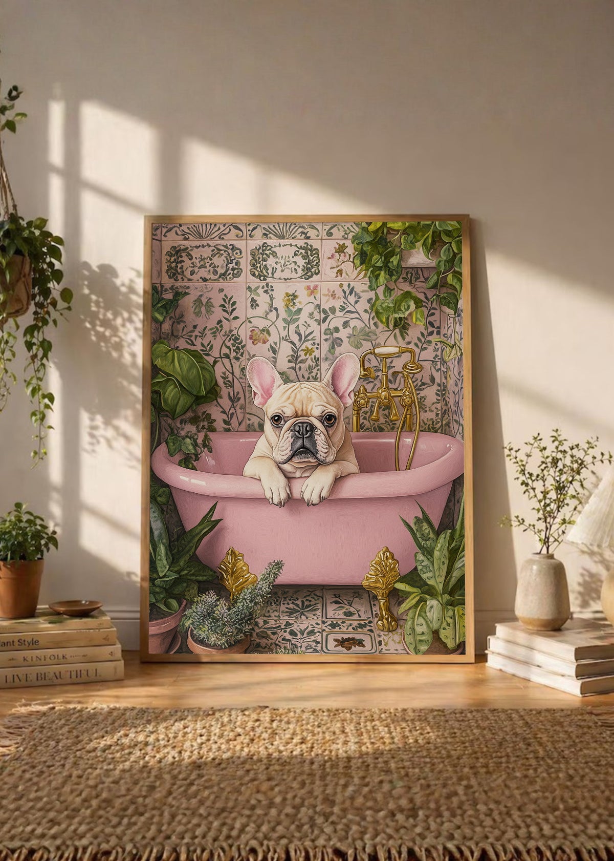 Cuadro Decorativo Trendy, Bulldog Bañera Rosa Azulejos