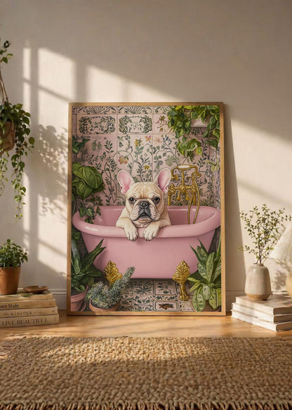 Cuadro Decorativo Trendy, Bulldog Bañera Rosa Azulejos
