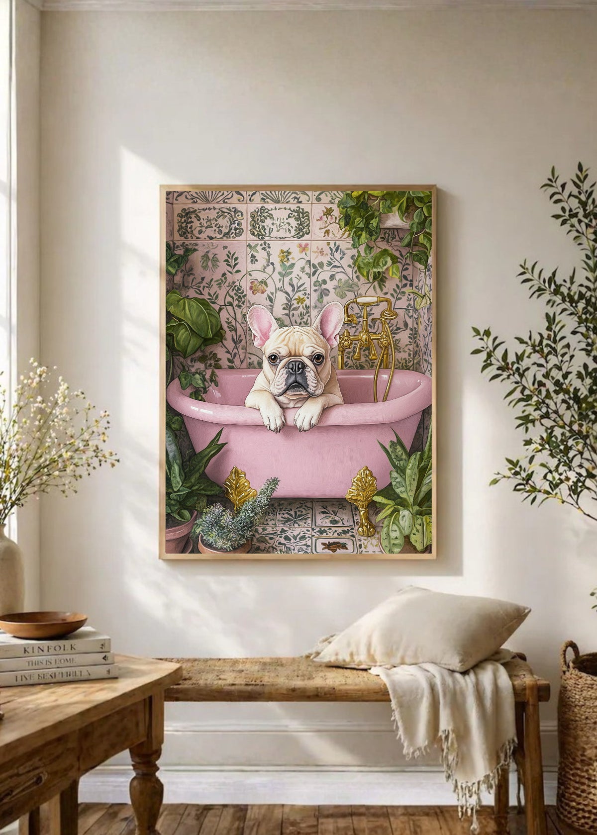Cuadro Decorativo Trendy, Bulldog Bañera Rosa Azulejos