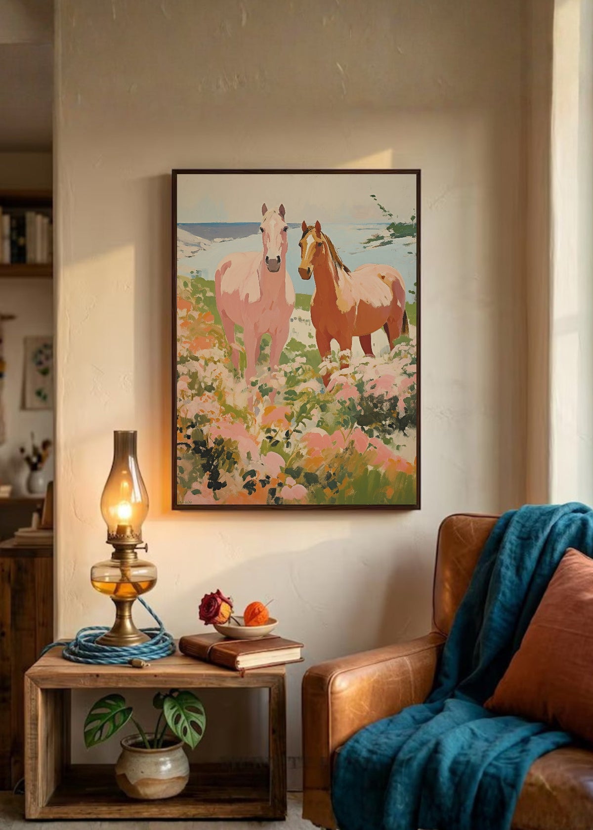 Cuadro Decorativo Trendy, Caballos Campo Flores Rosa