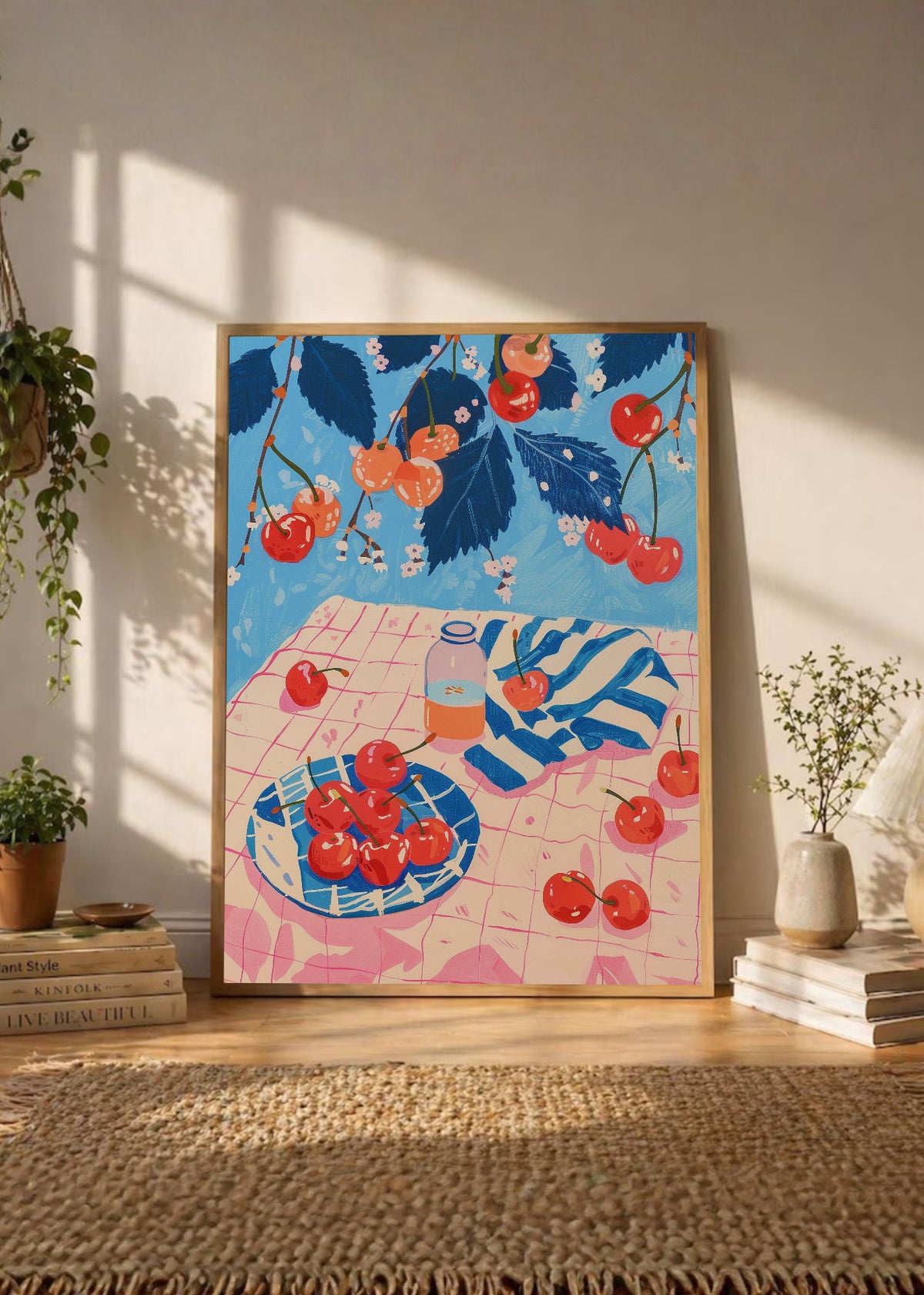 Cuadro Decorativo Trendy, Cerezas Mesa Rosa Azul