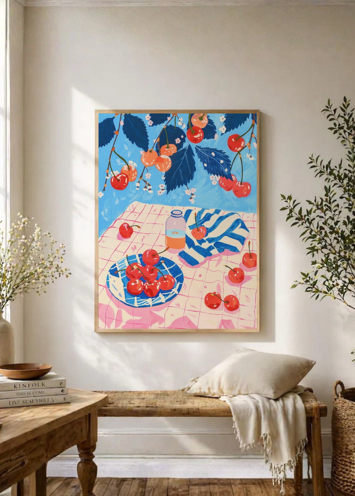 Cuadro Decorativo Trendy, Cerezas Mesa Rosa Azul
