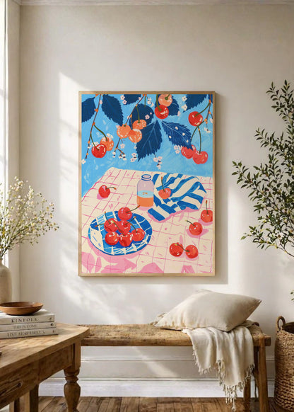 Cuadro Decorativo Trendy, Cerezas Mesa Rosa Azul