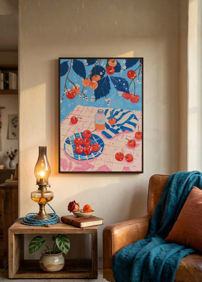 Cuadro Decorativo Trendy, Cerezas Mesa Rosa Azul