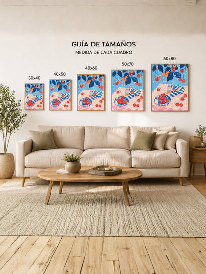 Cuadro Decorativo Trendy, Cerezas Mesa Rosa Azul