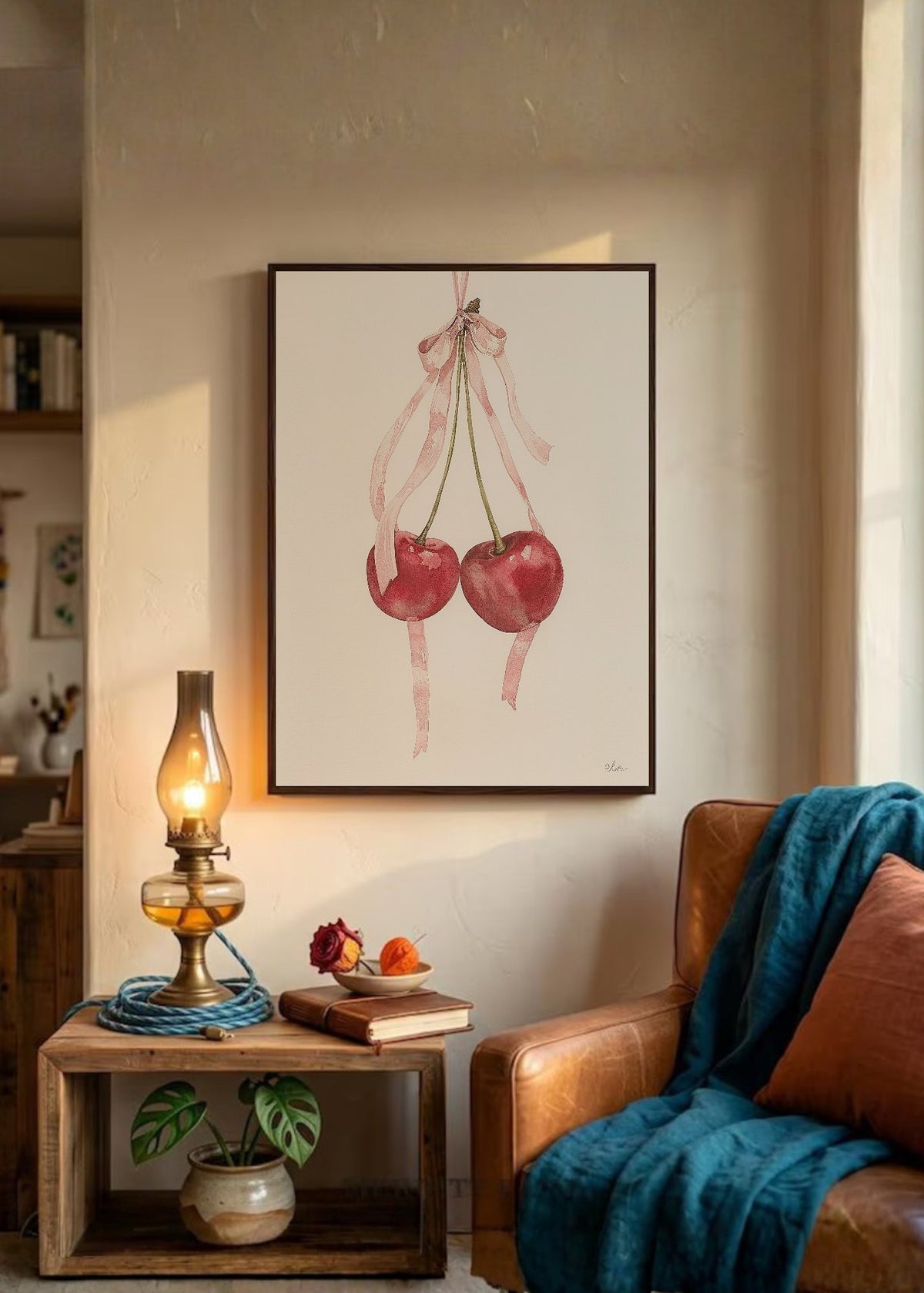 Cuadro Decorativo Trendy, Cerezas Mono Rosa Minimal