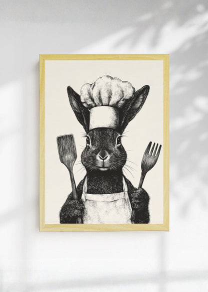 Cuadro Decorativo Trendy, Conejo Chef Blanco Negro