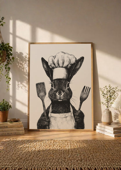 Cuadro Decorativo Trendy, Conejo Chef Blanco Negro