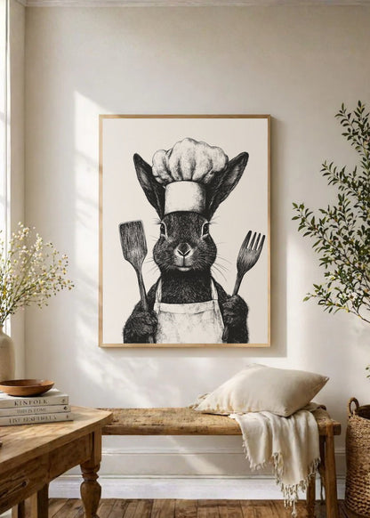 Cuadro Decorativo Trendy, Conejo Chef Blanco Negro