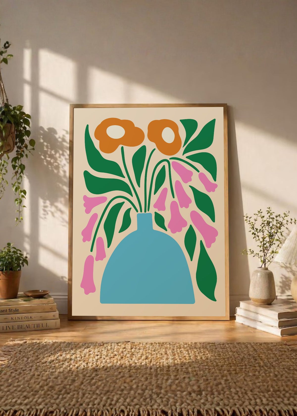 Cuadro Decorativo Trendy, Flores Naranja Jarrón Celeste