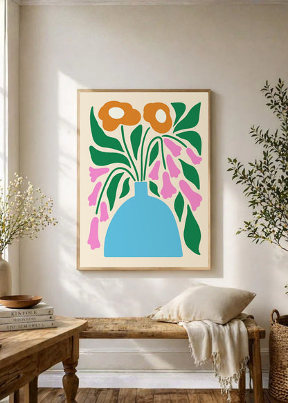 Cuadro Decorativo Trendy, Flores Naranja Jarrón Celeste