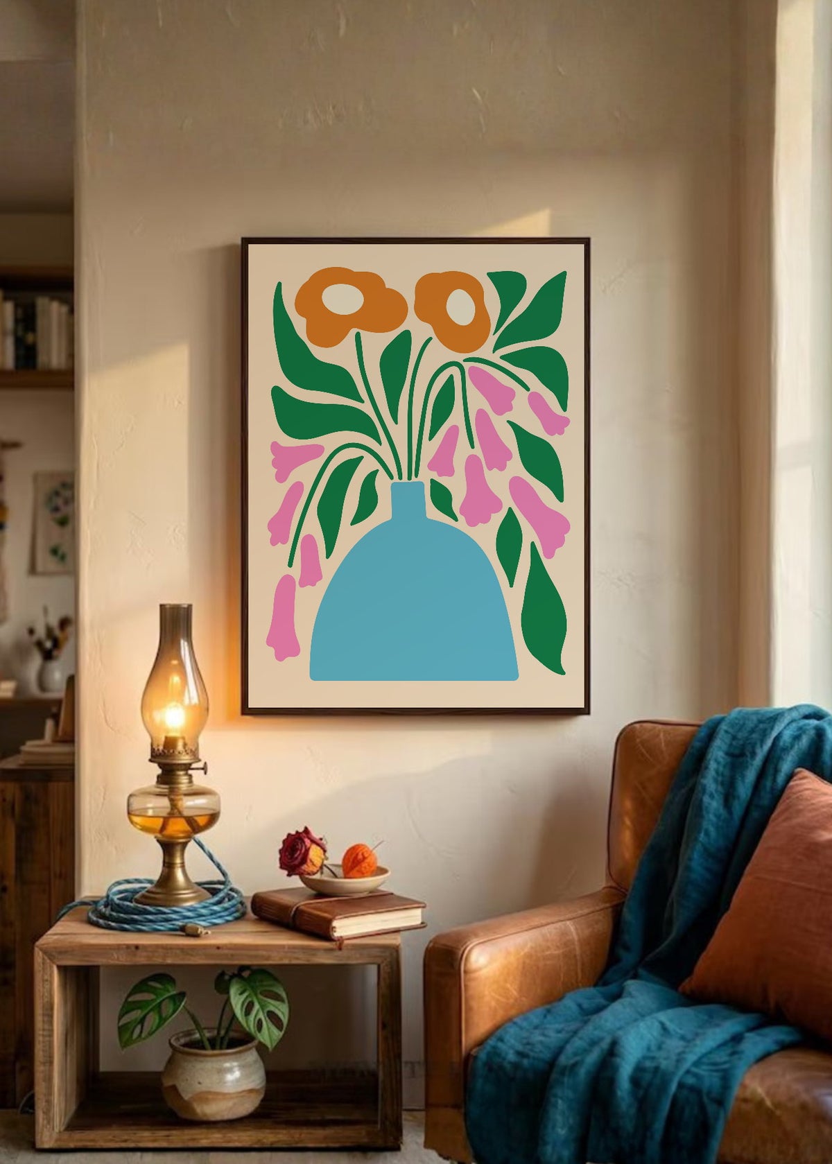Cuadro Decorativo Trendy, Flores Naranja Jarrón Celeste