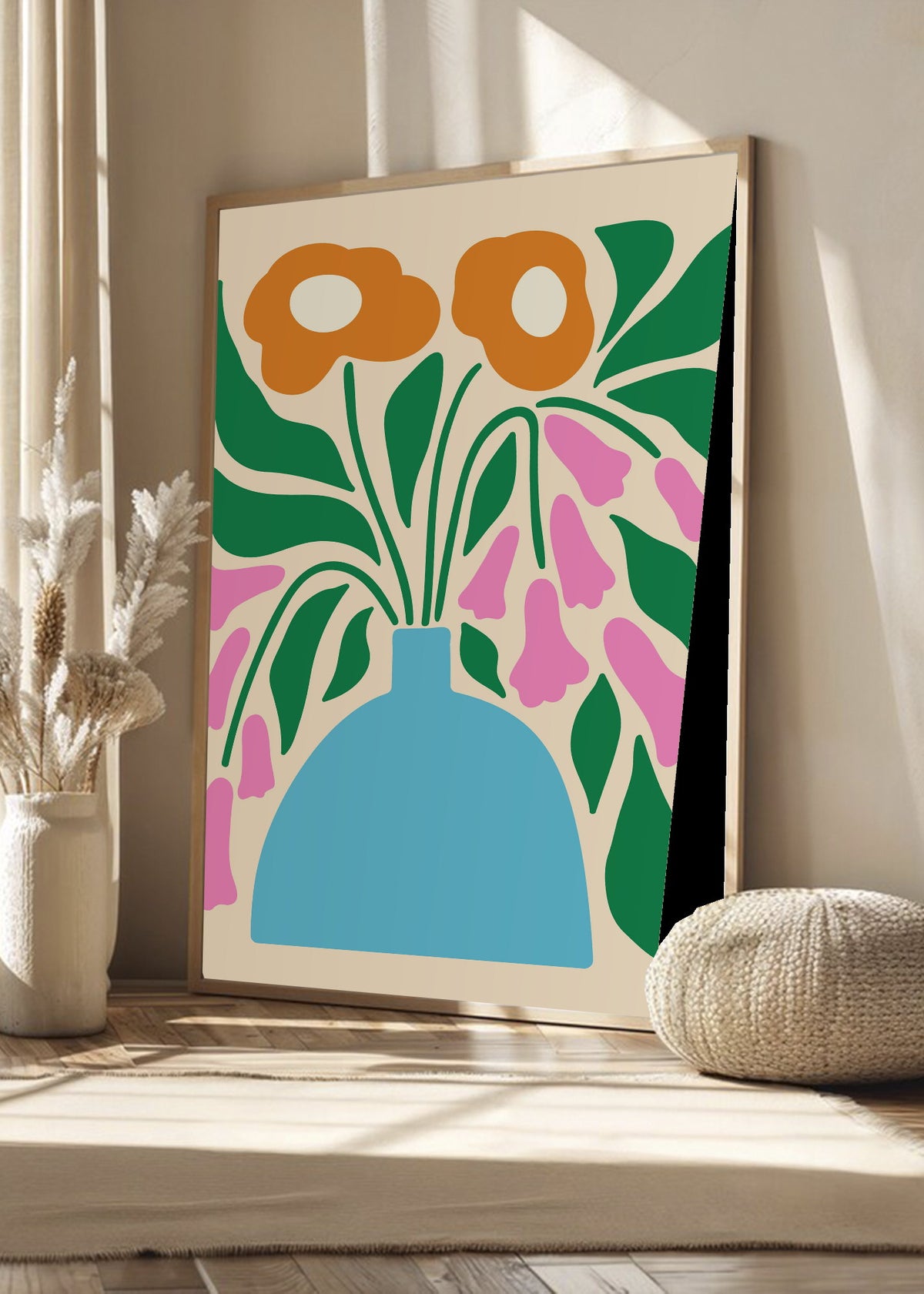 Cuadro Decorativo Trendy, Flores Naranja Jarrón Celeste