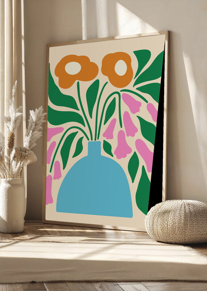 Cuadro Decorativo Trendy, Flores Naranja Jarrón Celeste